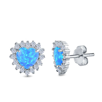 Halo Art Deco Heart Stud Earrings Lab Created Blue Opal Simulated CZ 925 Sterling Silver (12mm)